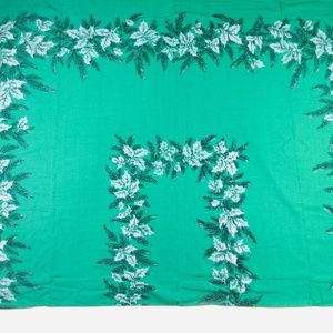Vintage 1960's 1970's Christmas Tablecloth Green Cotton Fabric Rectangular Large
